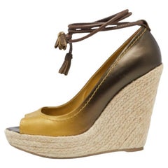 Sergio Rossi Ombre Gold Leather and Jute Ankle Wrap Wedge Pumps Size 39.5