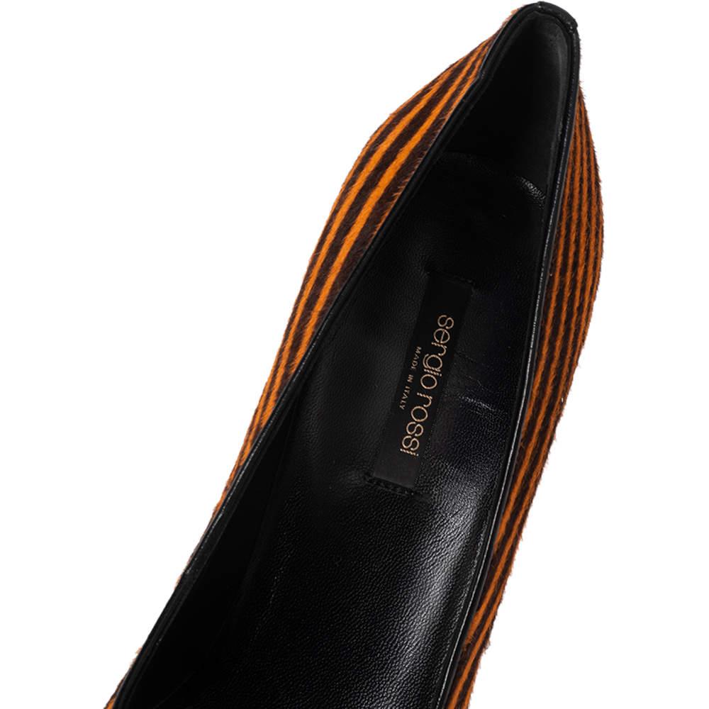 Women's Sergio Rossi Orange/Brown Stripes Print Pony Hair Pointed Toe Pumps Size 41 For Sale