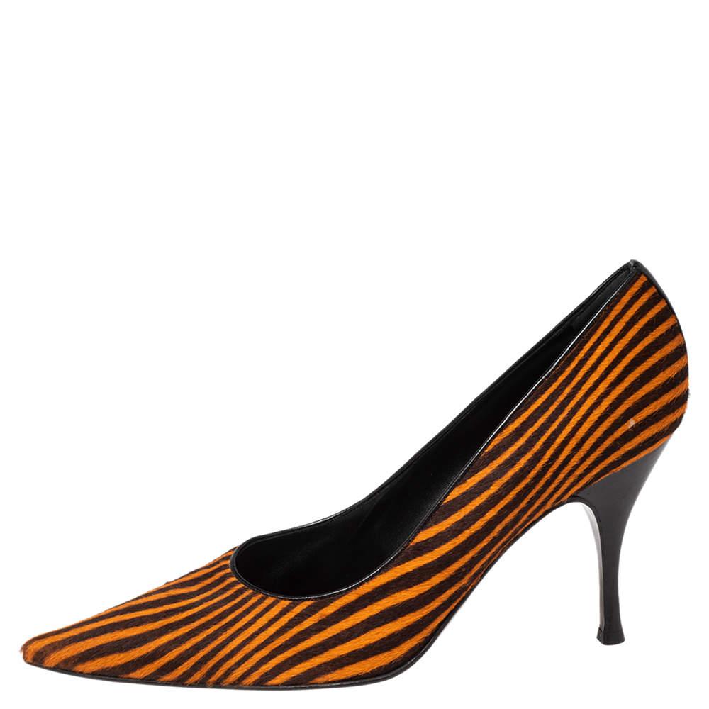 Sergio Rossi Orange/Brown Stripes Print Pony Hair Pointed Toe Pumps Size 41 For Sale 2