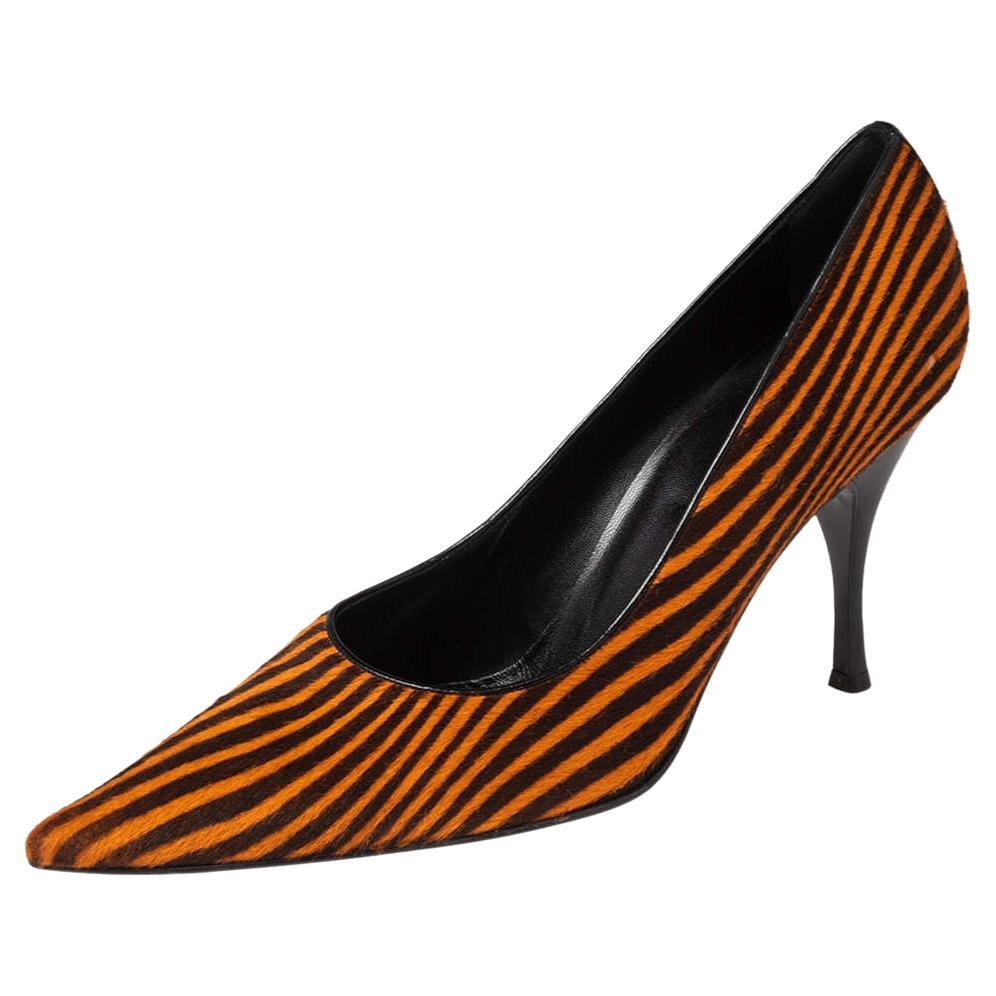 Sergio Rossi Orange/Brown Stripes Print Pony Hair Pointed Toe Pumps Size 41 For Sale