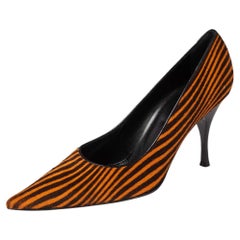 Sergio Rossi Orange/Brown Stripes Print Pony Hair Pointed Toe Pumps Size 41