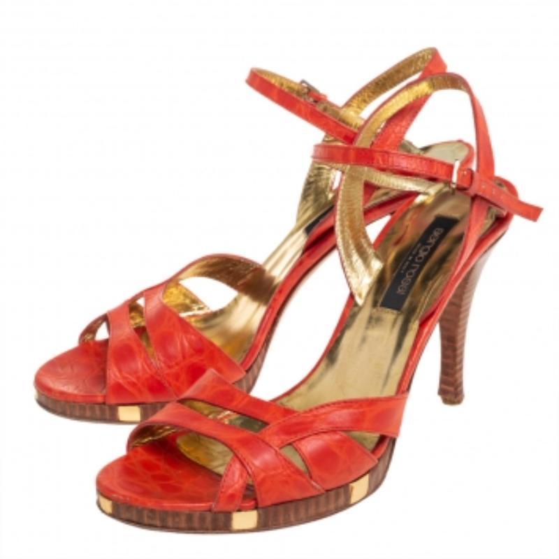 Sergio Rossi Orange Croc Embossed Leather Ankle Strap Sandals Size 37.5 In Fair Condition For Sale In Dubai, Al Qouz 2