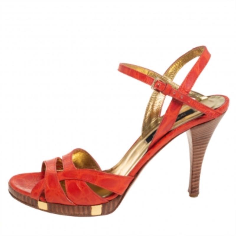 Women's Sergio Rossi Orange Croc Embossed Leather Ankle Strap Sandals Size 37.5 For Sale