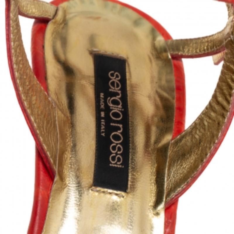 Sergio Rossi Orange Croc Embossed Leather Ankle Strap Sandals Size 37.5 For Sale 1