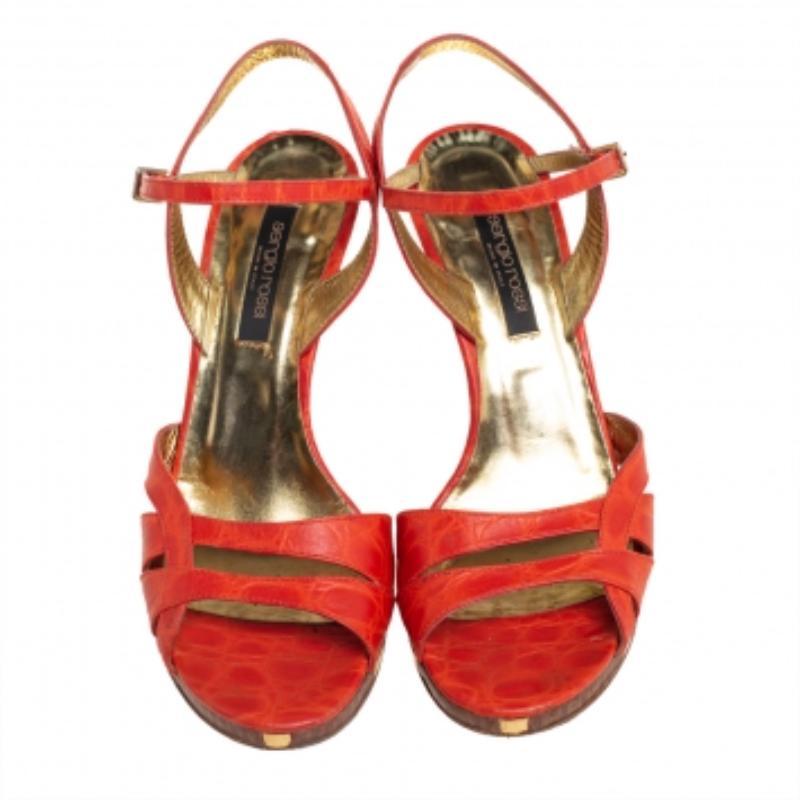 Sergio Rossi Orange Croc Embossed Leather Ankle Strap Sandals Size 37.5 For Sale 2