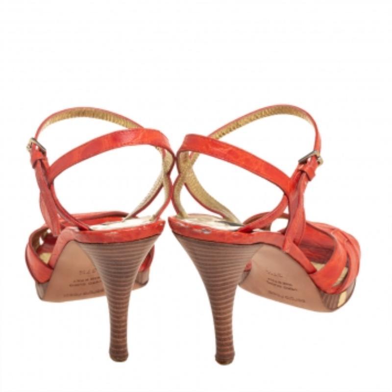 Sergio Rossi Orange Croc Embossed Leather Ankle Strap Sandals Size 37.5 For Sale 3