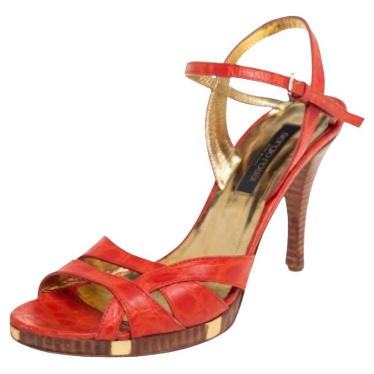 Sergio Rossi Orange Croc Embossed Leather Ankle Strap Sandals Size 37.5 For Sale