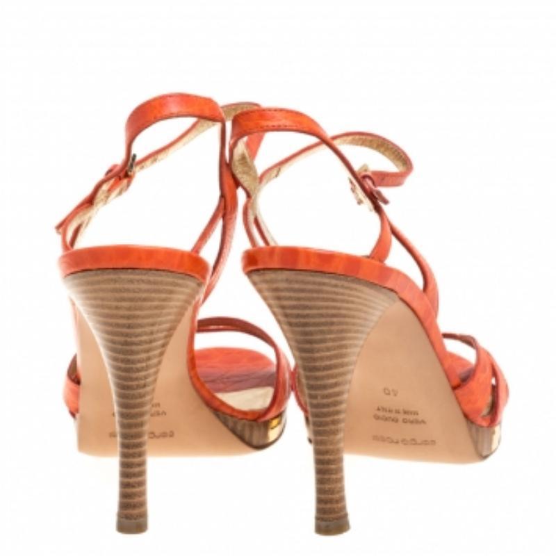Sergio Rossi Orange Croc Embossed Leather Slingback Sandals Size 40 For Sale 1