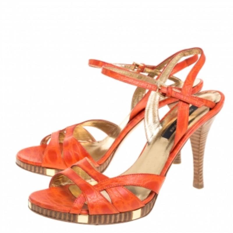 Sergio Rossi Orange Croc Embossed Leather Slingback Sandals Size 40 For Sale 3