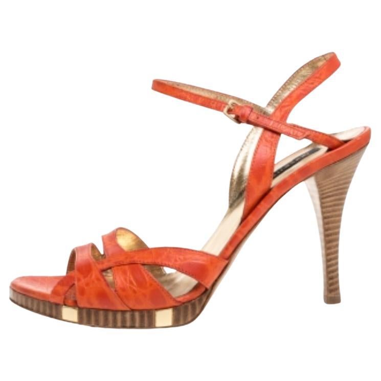 Sergio Rossi Orange Croc Embossed Leather Slingback Sandals Size 40 For Sale