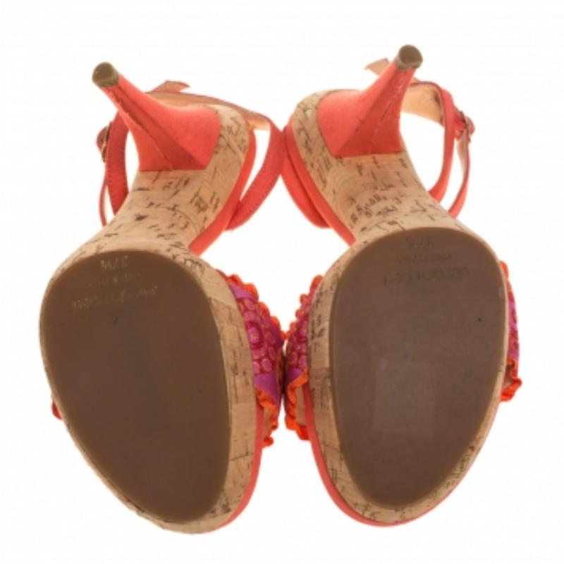 Pink Sergio Rossi Orange Embroidered Strap Sandals Size 37.5 For Sale