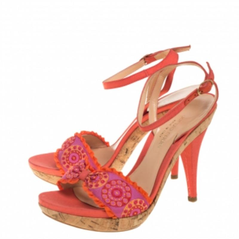 Sergio Rossi Orange Embroidered Strap Sandals Size 37.5 For Sale 1