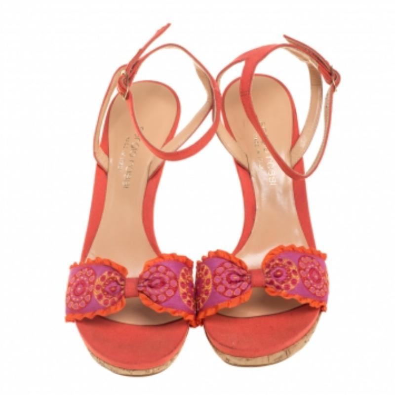 Sergio Rossi Orange Embroidered Strap Sandals Size 37.5 For Sale 2