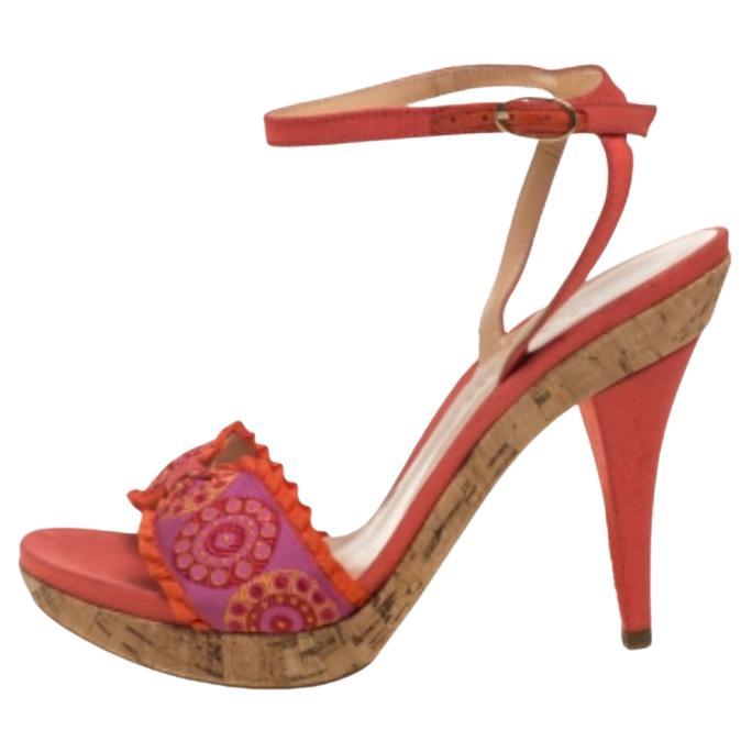 Sergio Rossi Orange Embroidered Strap Sandals Size 37.5 For Sale