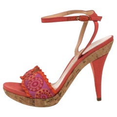 Sergio Rossi Orange Embroidered Strap Sandals Size 37.5