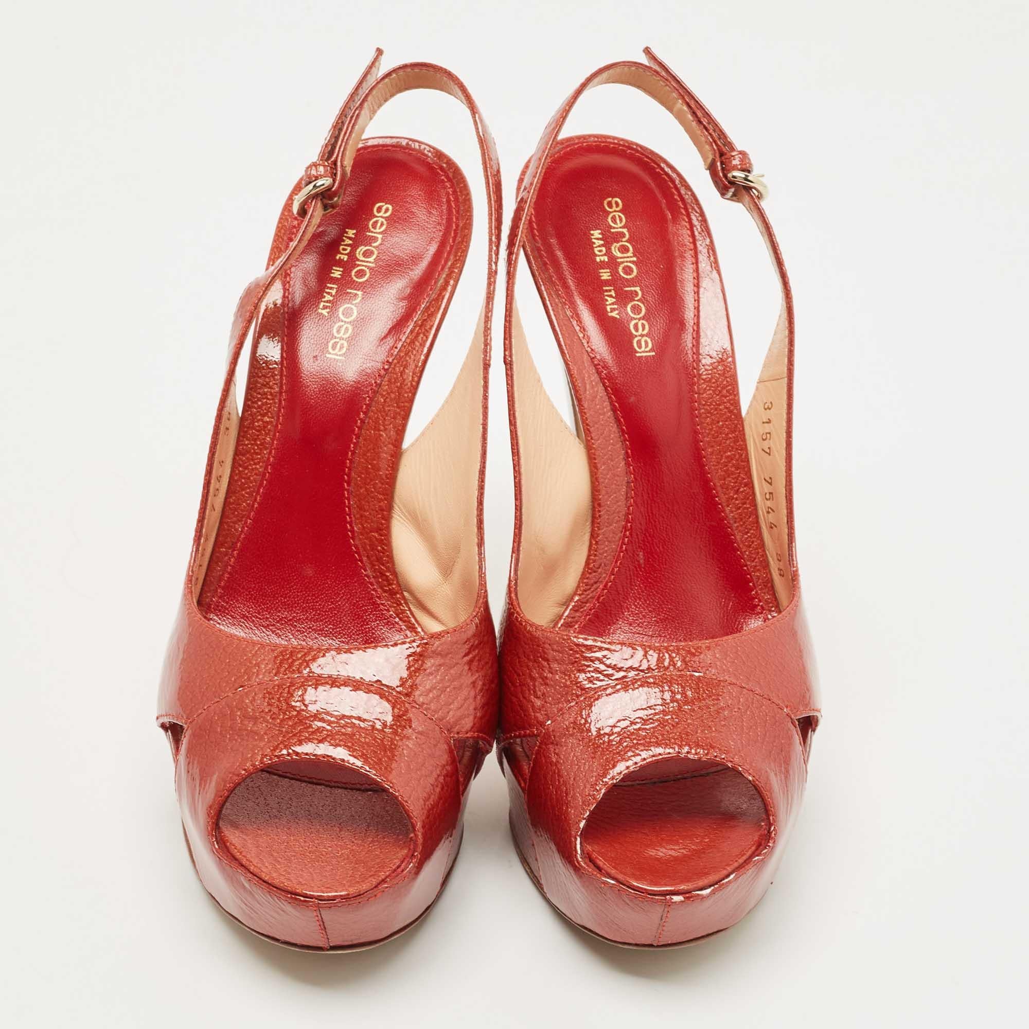 Pink Sergio Rossi Orange Patent Leather Peep Toe Platform Slingback Sandals Size 38 For Sale
