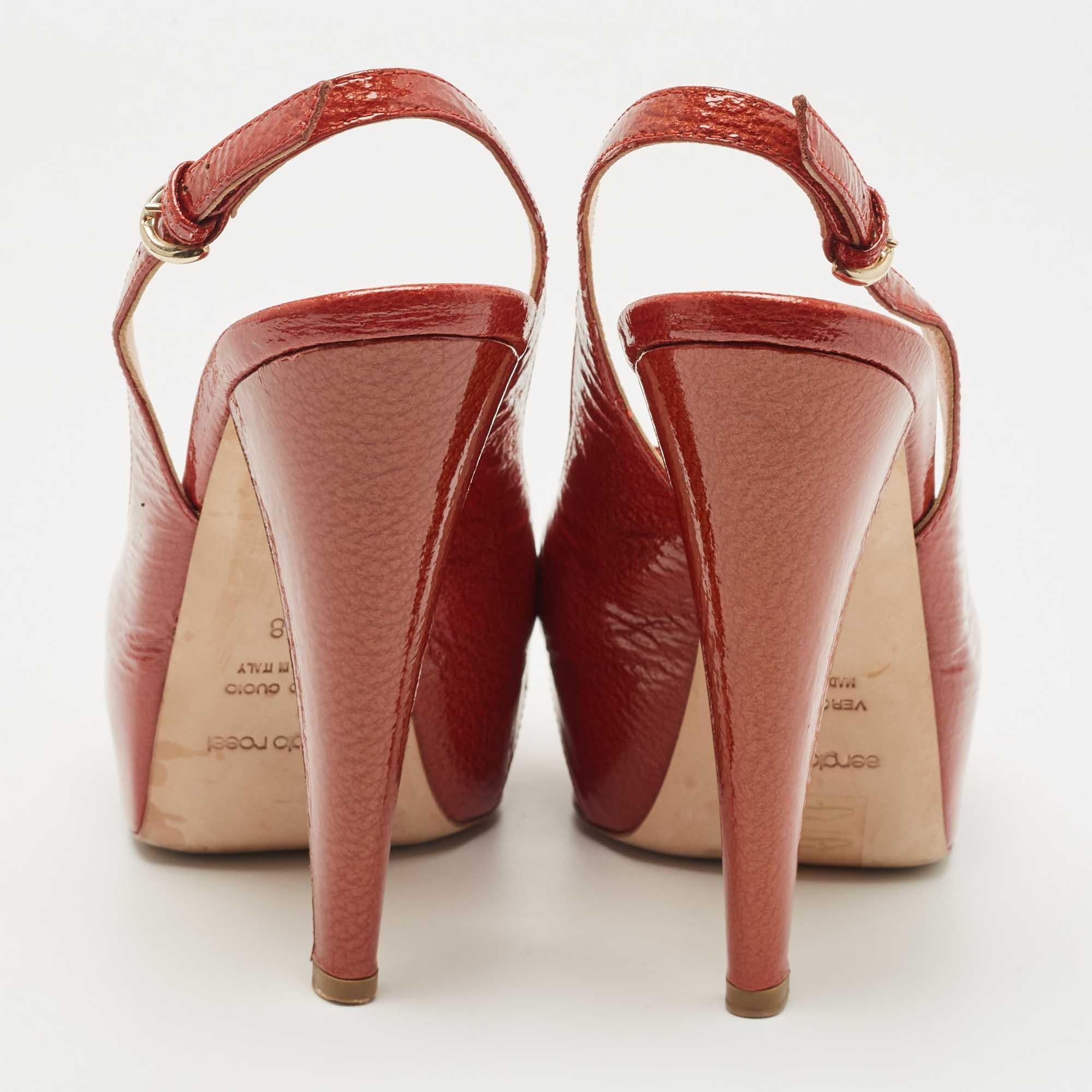 Women's Sergio Rossi Orange Patent Leather Peep Toe Platform Slingback Sandals Size 38 For Sale