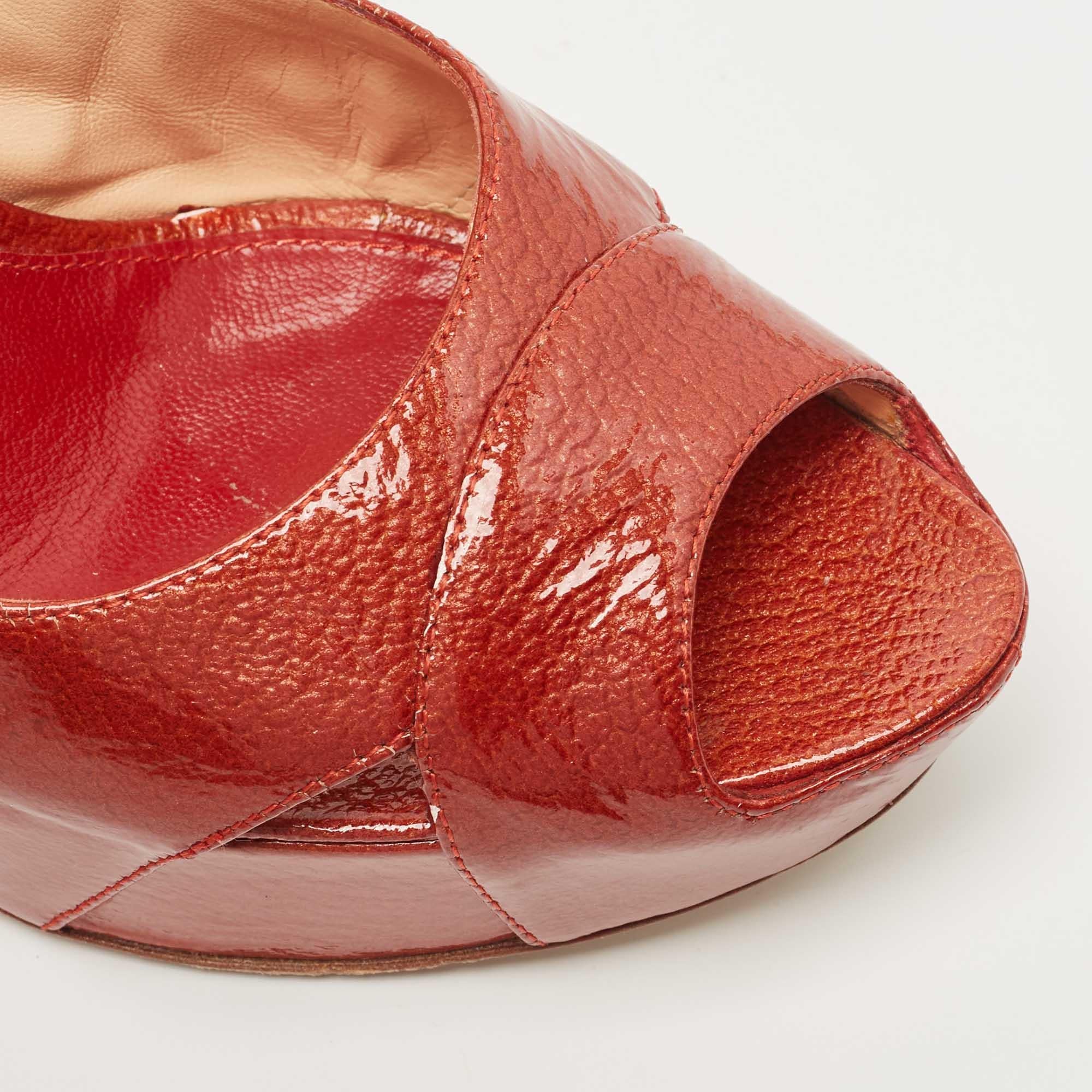 Sergio Rossi Orange Patent Leather Peep Toe Platform Slingback Sandals Size 38 For Sale 2