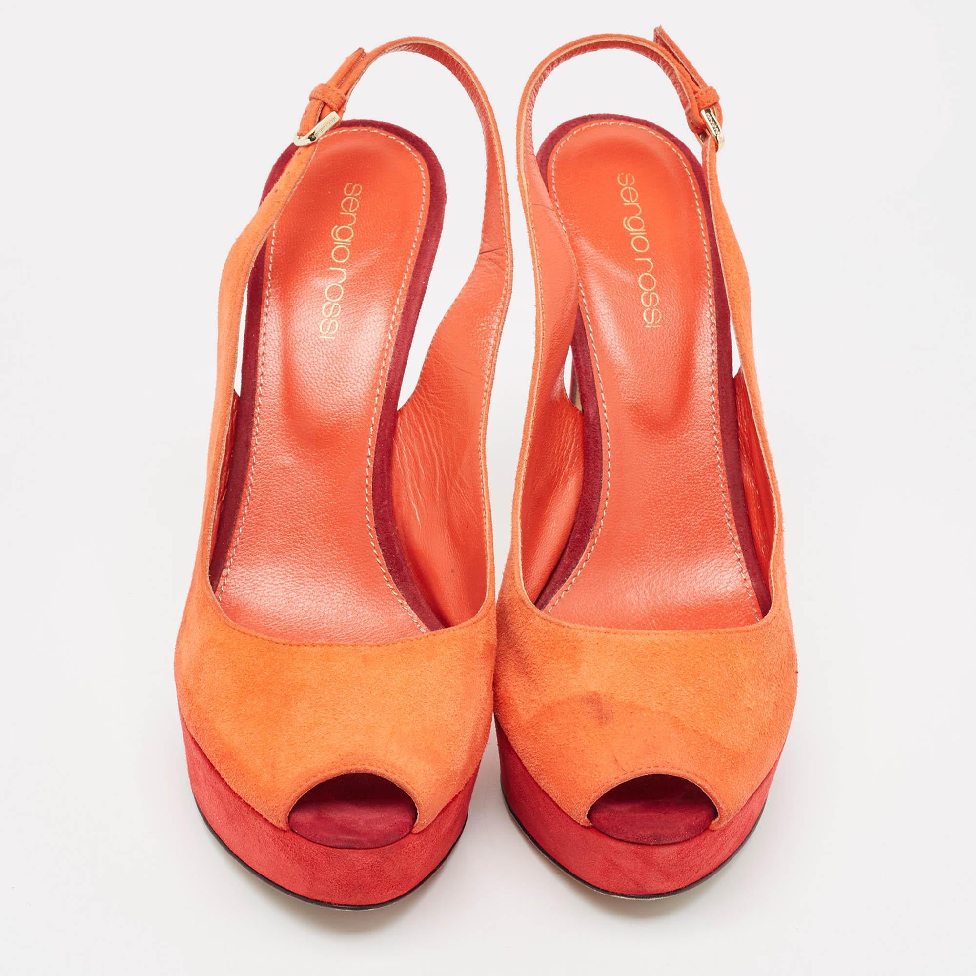 Sergio Rossi Orange Suede Peep Toe Platform Slingback Pumps Size 38 In Good Condition For Sale In Dubai, Al Qouz 2