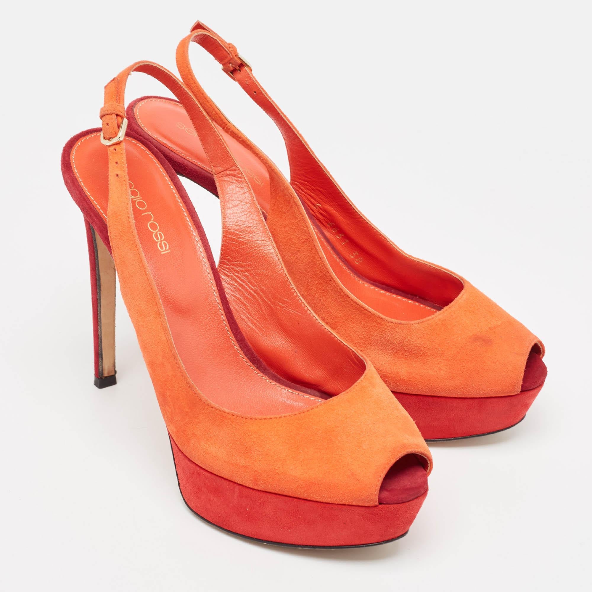 Women's Sergio Rossi Orange Suede Peep Toe Platform Slingback Pumps Size 38 For Sale
