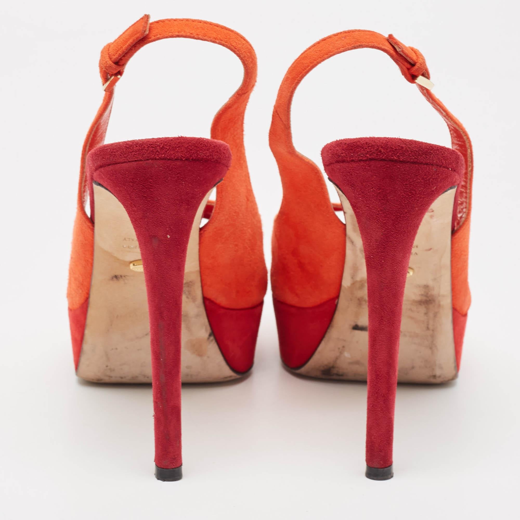 Sergio Rossi Orange Suede Peep Toe Platform Slingback Pumps Size 38 For Sale 1