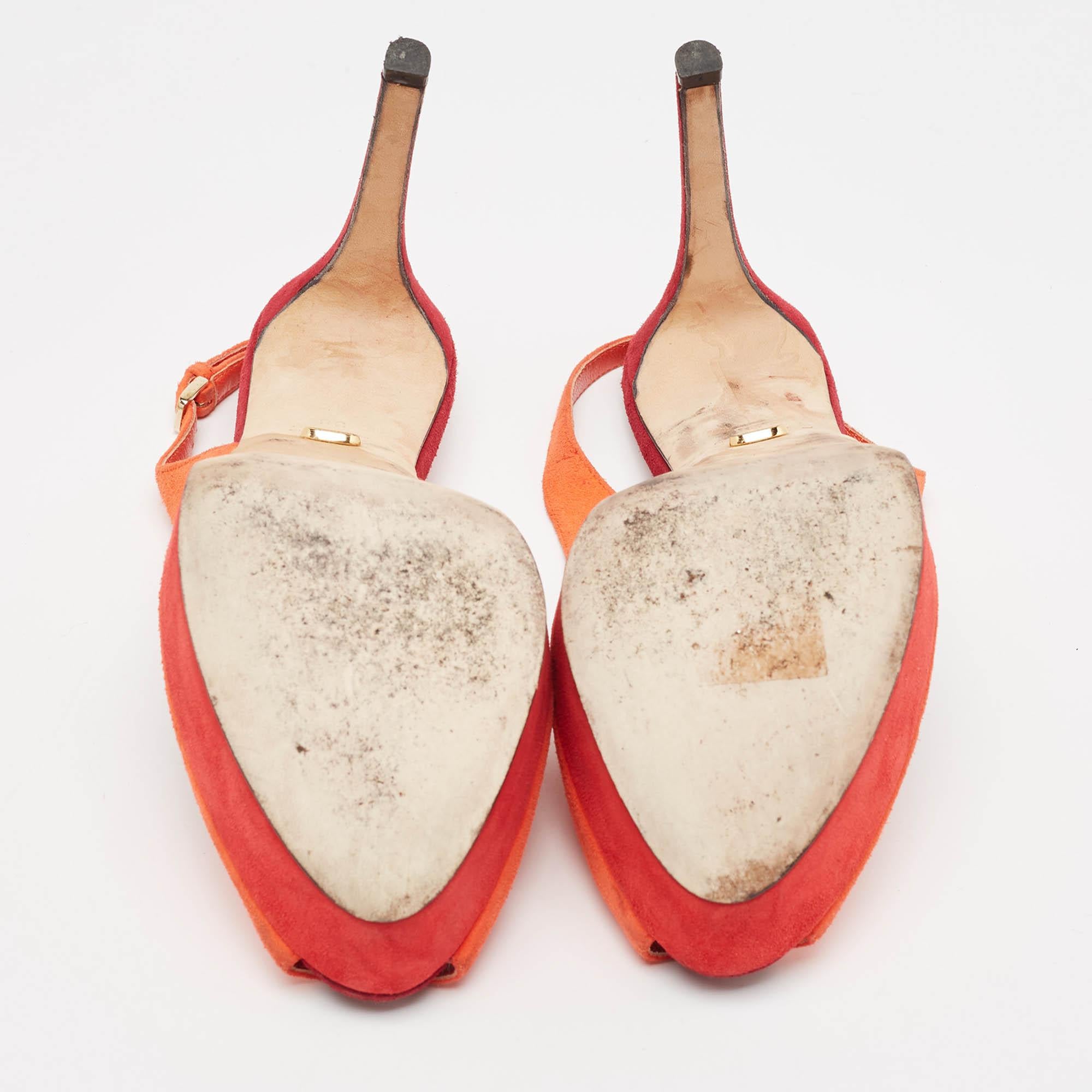 Sergio Rossi Orange Suede Peep Toe Platform Slingback Pumps Size 38 For Sale 2