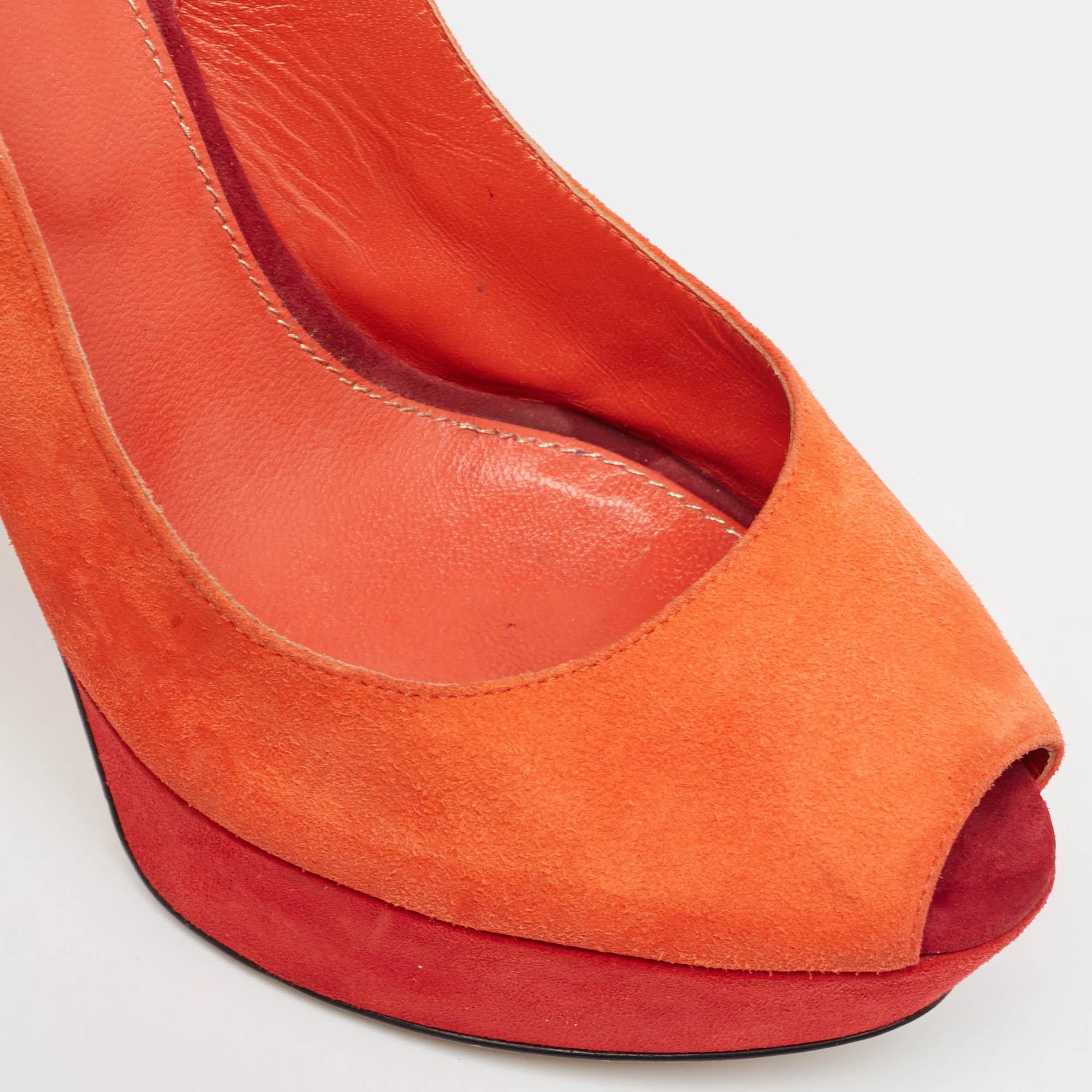 Sergio Rossi Orange Suede Peep Toe Platform Slingback Pumps Size 38 For Sale 3