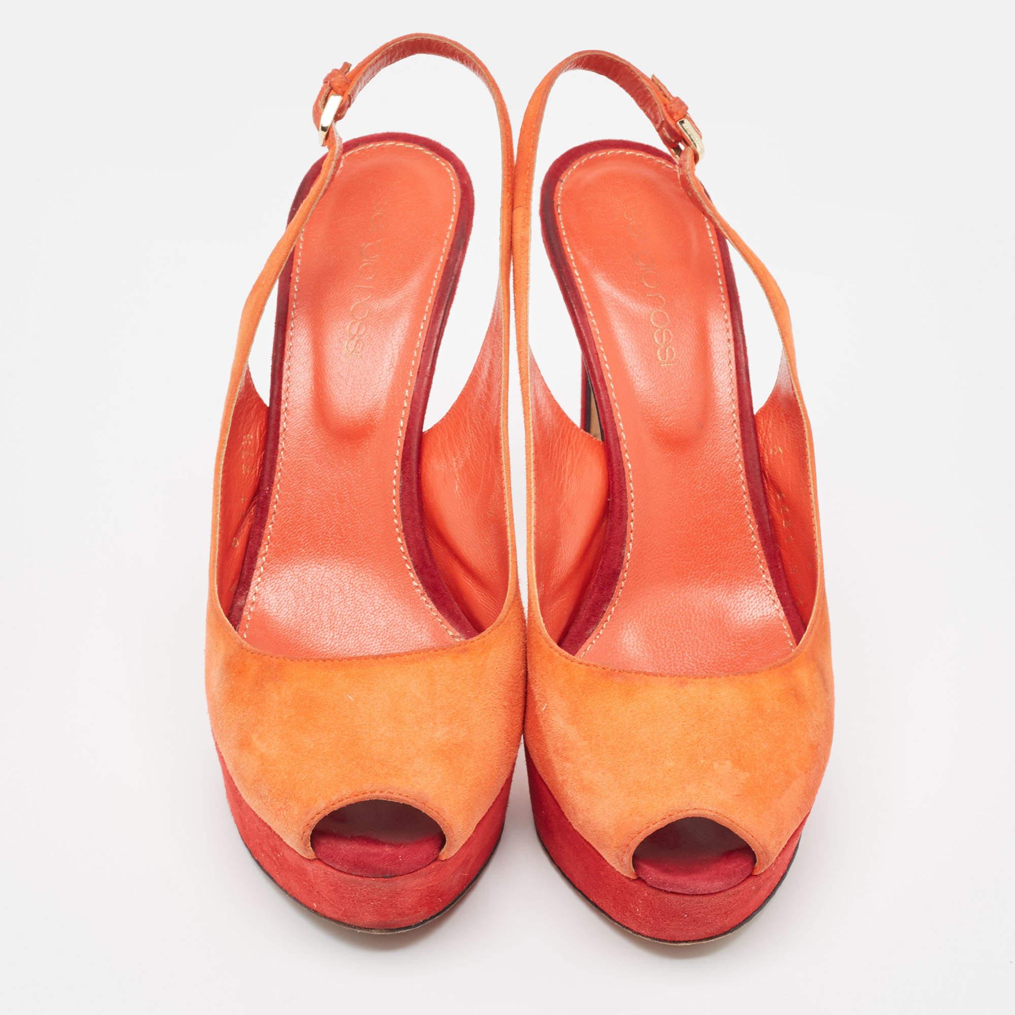 Sergio Rossi Orange Suede Peep Toe Slingback Pumps Size 37.5 In Fair Condition For Sale In Dubai, Al Qouz 2