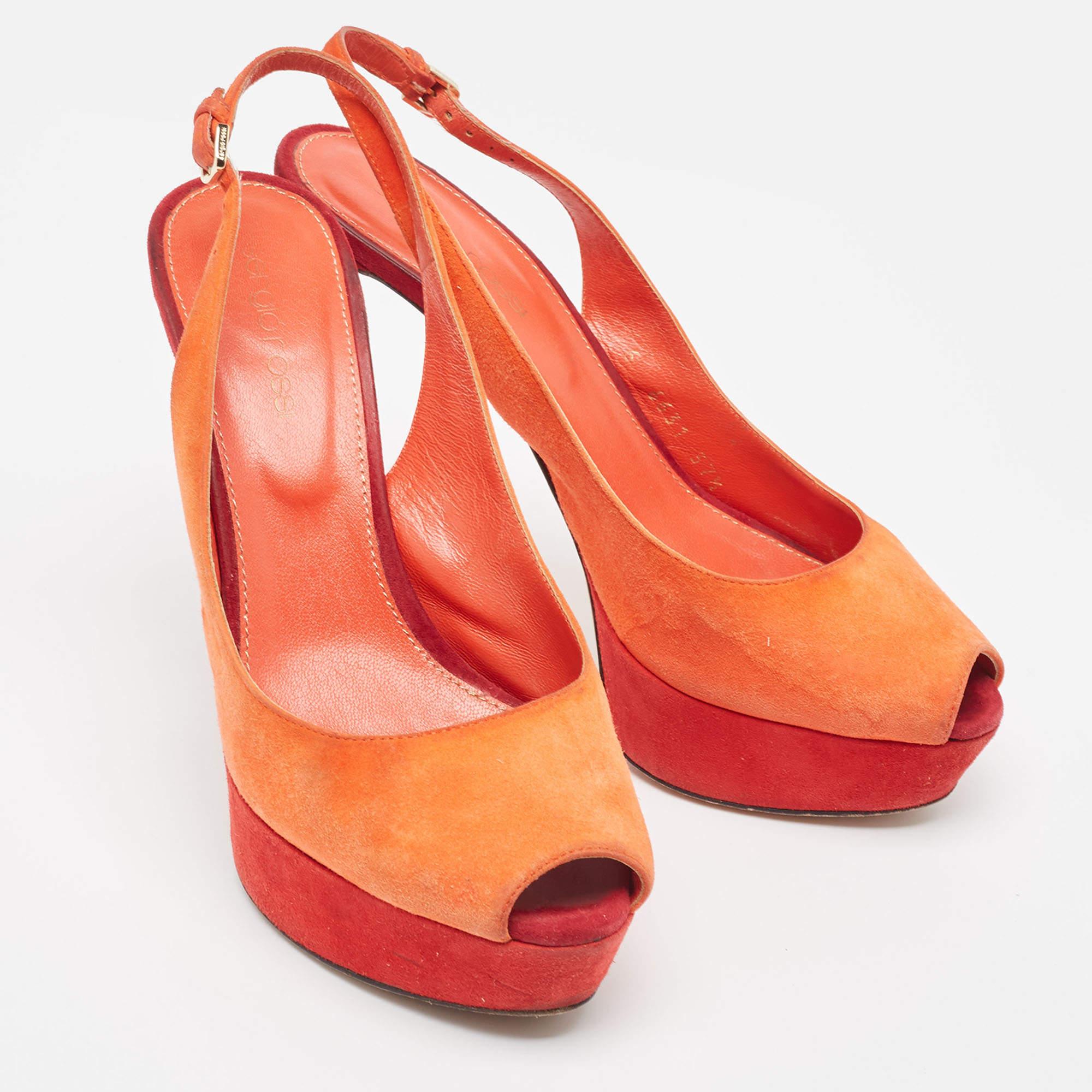 Women's Sergio Rossi Orange Suede Peep Toe Slingback Pumps Size 37.5 For Sale