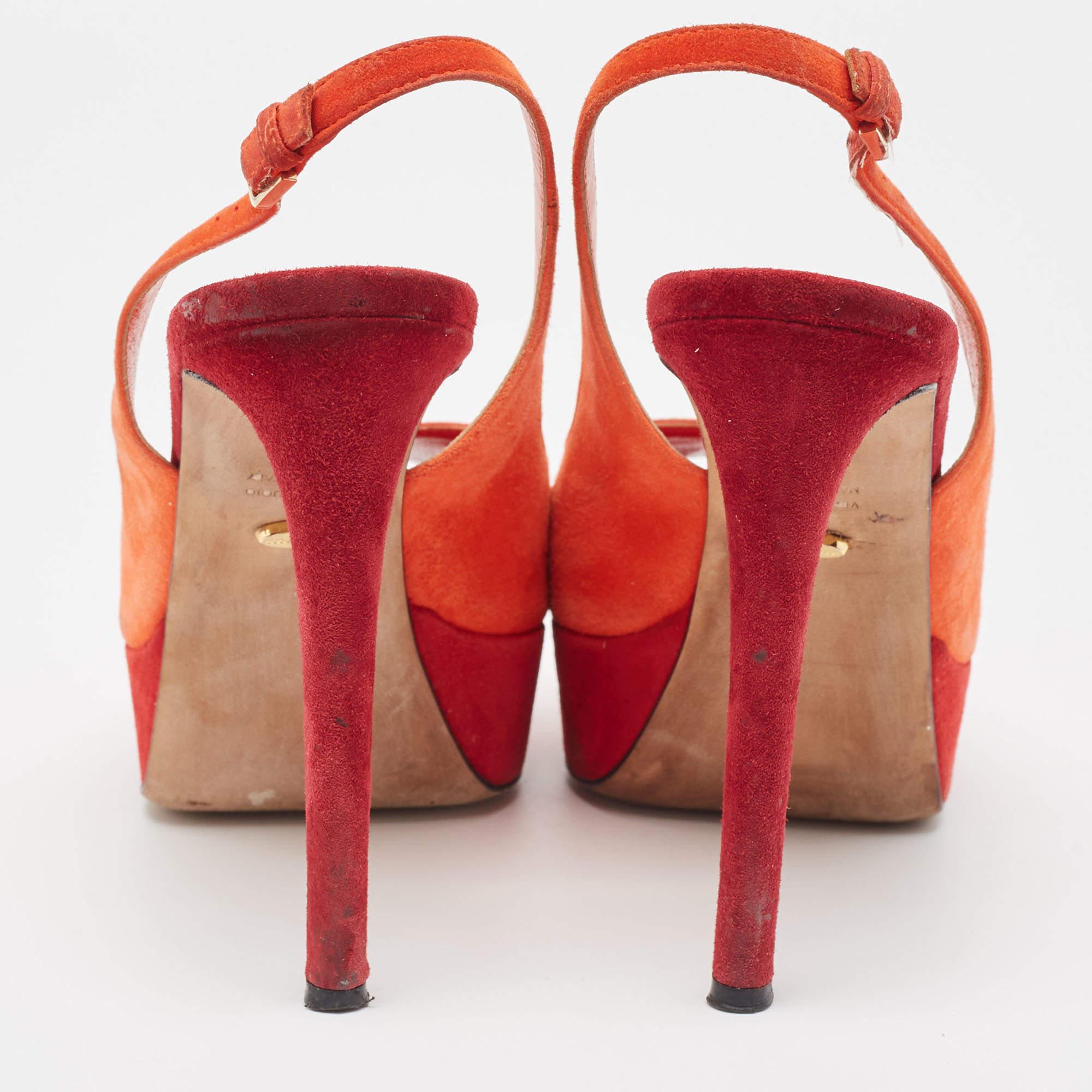 Sergio Rossi Orange Suede Peep Toe Slingback Pumps Size 37.5 For Sale 1