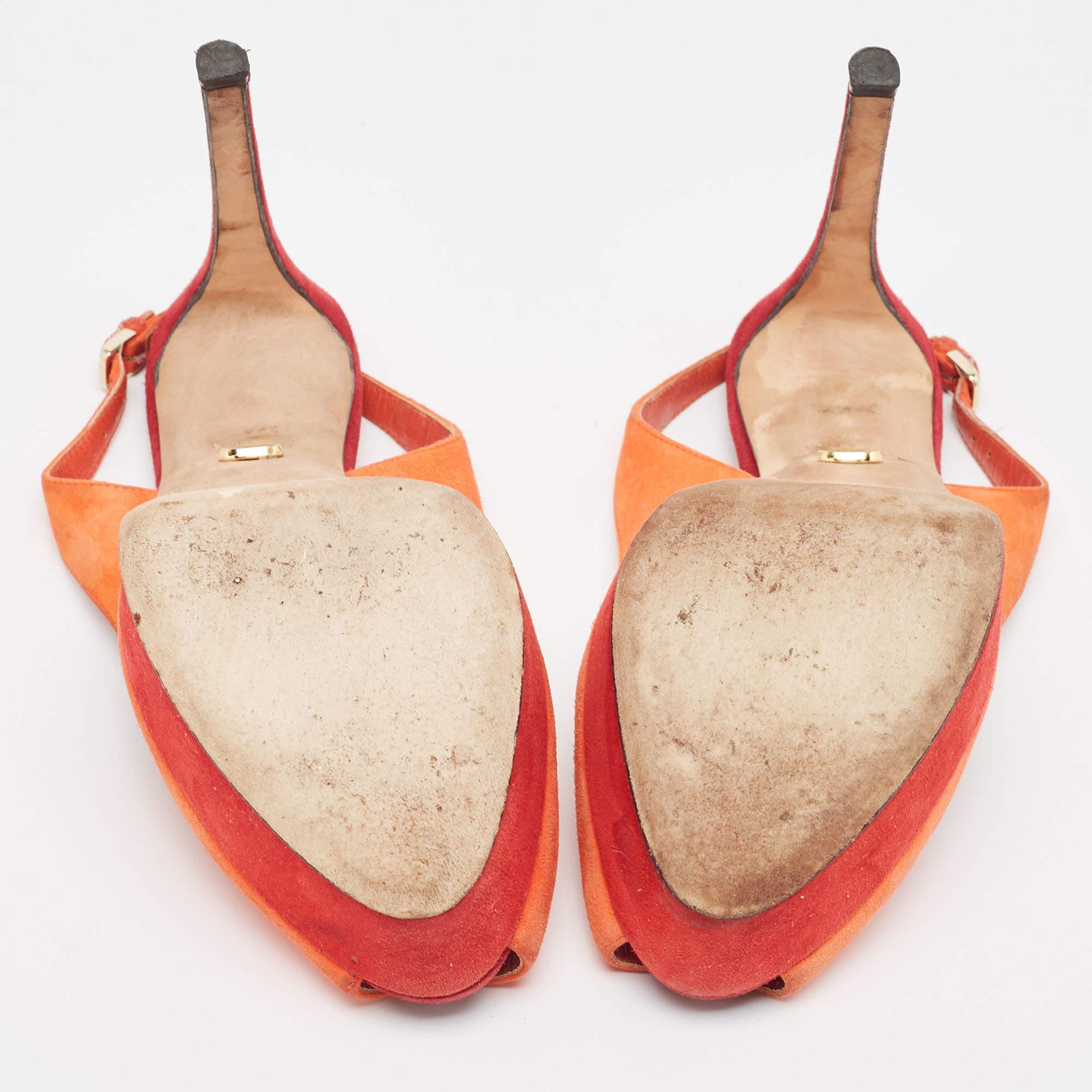 Sergio Rossi Orange Suede Peep Toe Slingback Pumps Size 37.5 For Sale 2