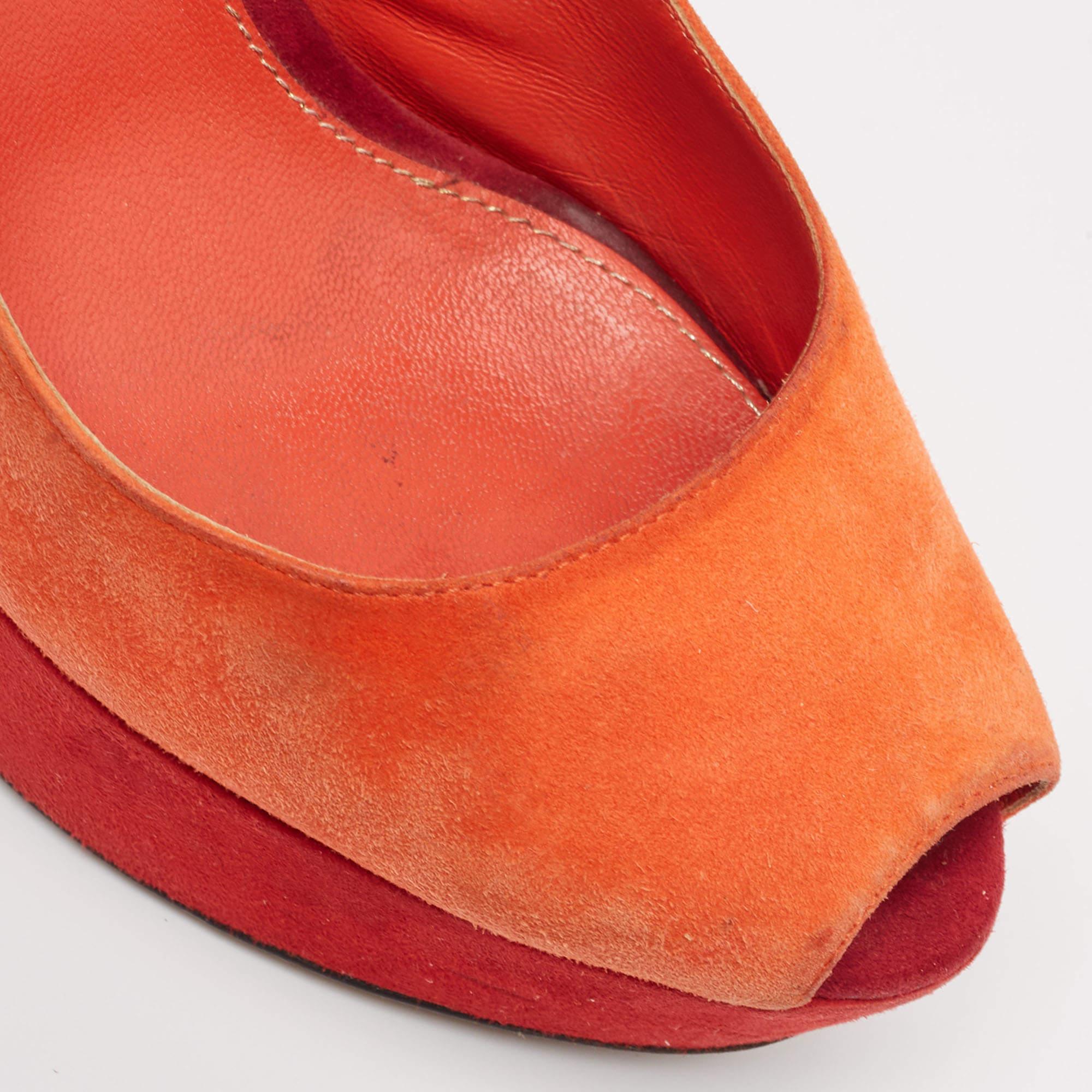 Sergio Rossi Orange Suede Peep Toe Slingback Pumps Size 37.5 For Sale 3