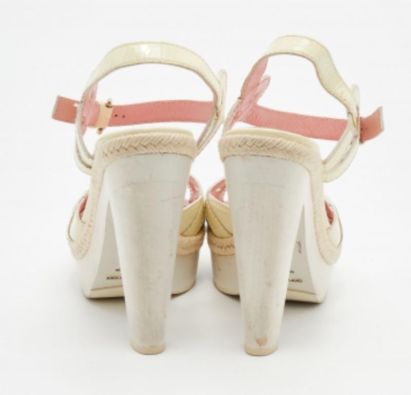 Beige Sergio Rossi Patent Leather Platform Espadrille Ankle Strap Sandals Size 39 For Sale