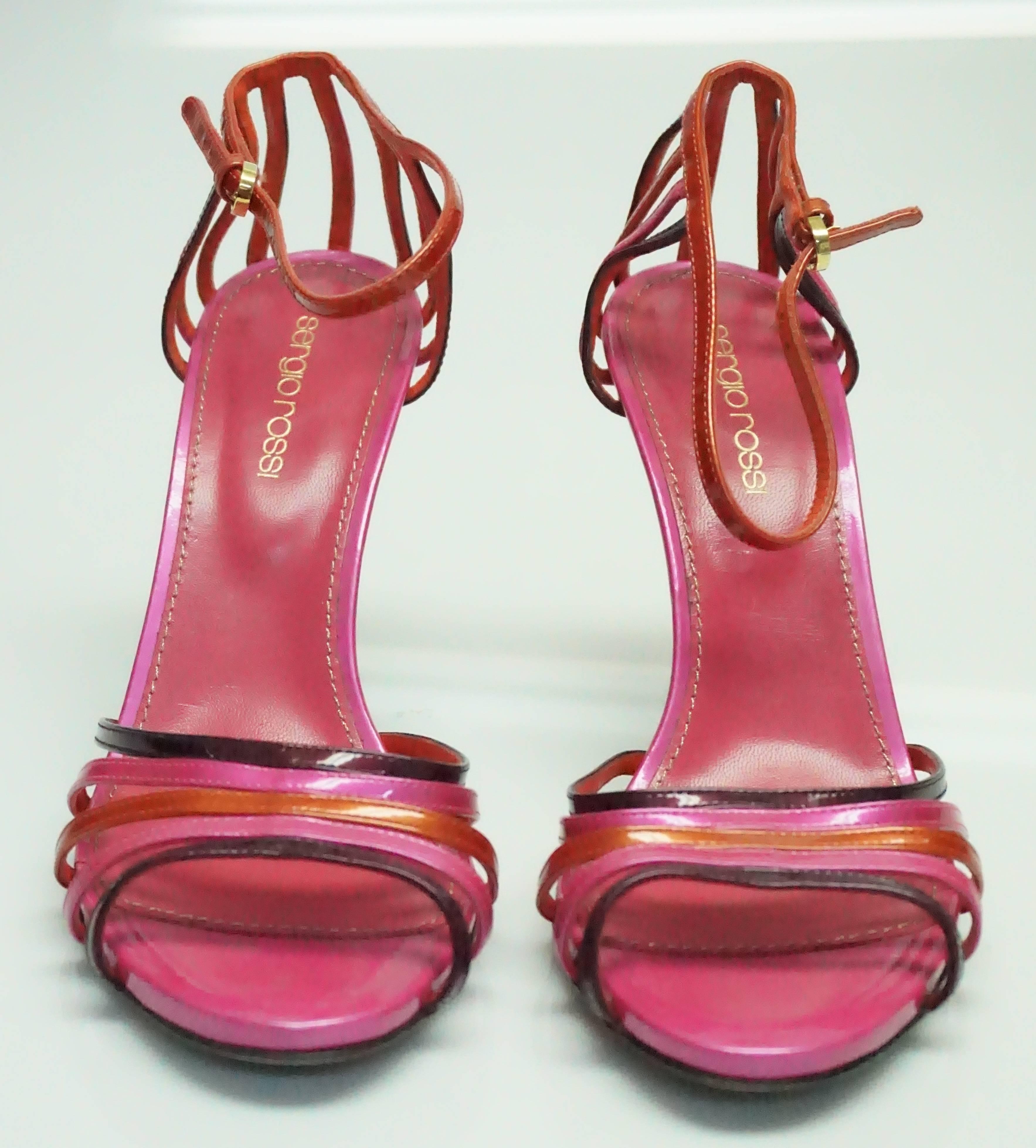 Sergio Rossi Pink and Orange Patent Strappy Sandal  In Excellent Condition In West Palm Beach, FL
