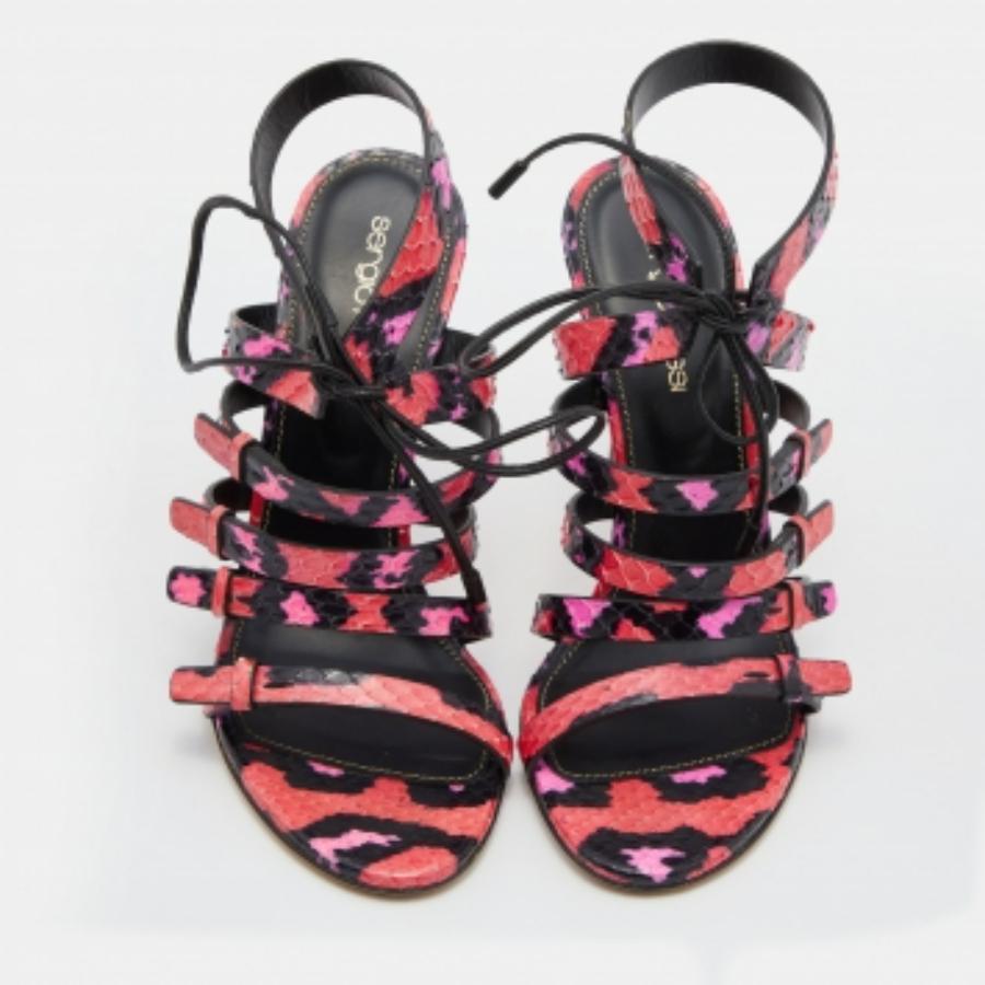 Sergio Rossi - Sandales à lanières en cuir python rose/noir à nouer à la cheville - Taille 36 Pour femmes en vente