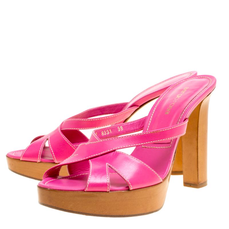Sergio Rossi Pink Leather Peep Toe Platform Slides Size 38 Damen