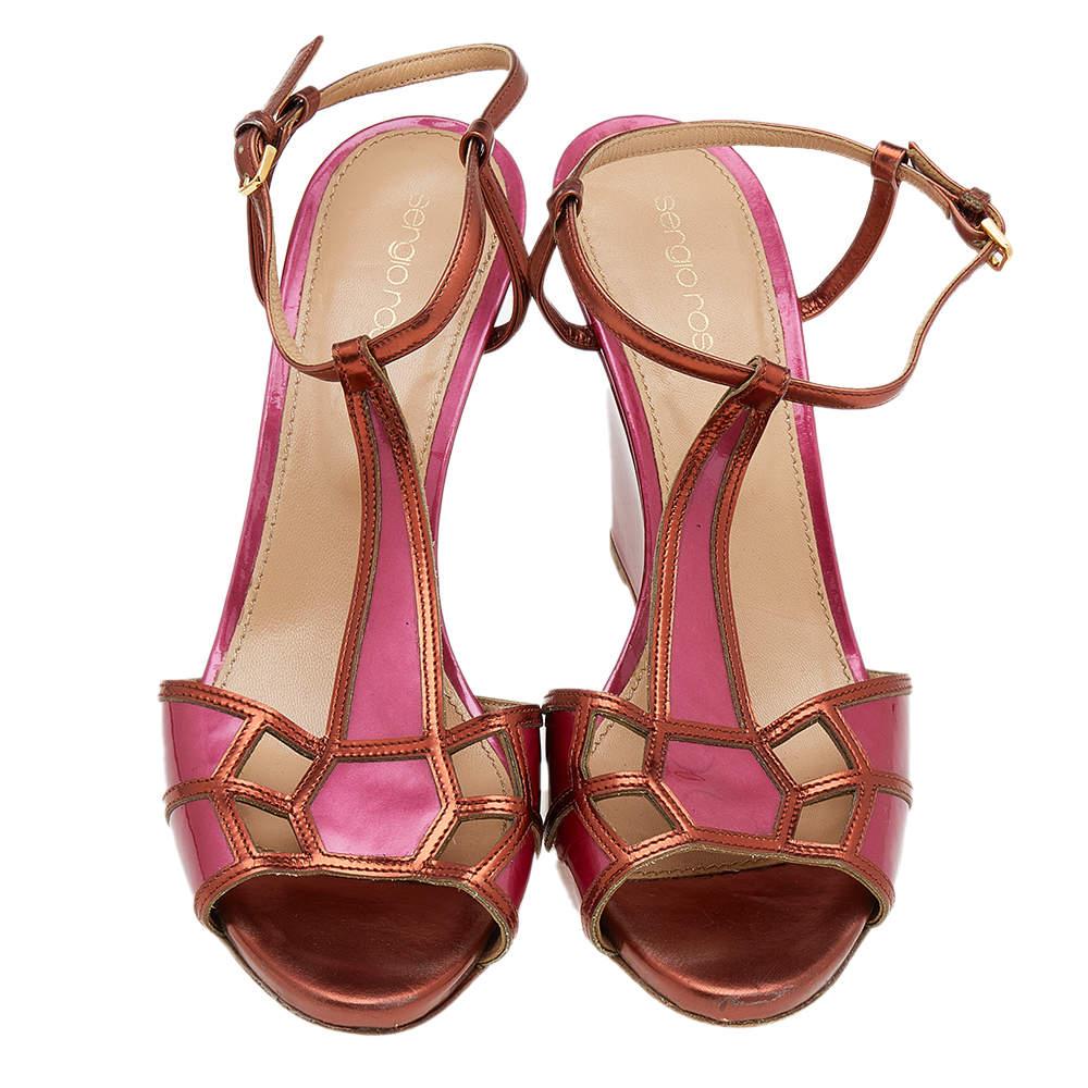 Women's Sergio Rossi Pink/Metallic Bronze Patent And Leather Wedge Ankle Strap Sandals S For Sale