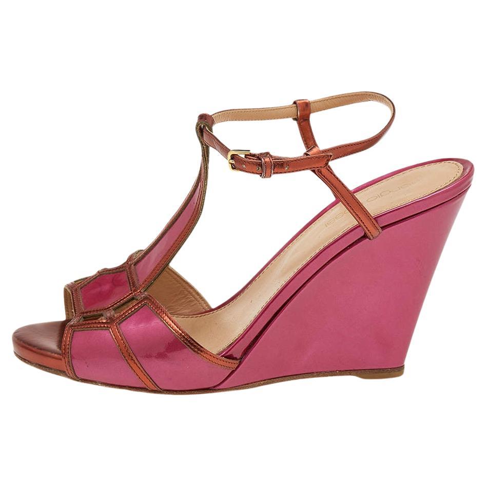 Sergio Rossi Pink/Metallic Bronze Patent And Leather Wedge Ankle Strap Sandals S For Sale