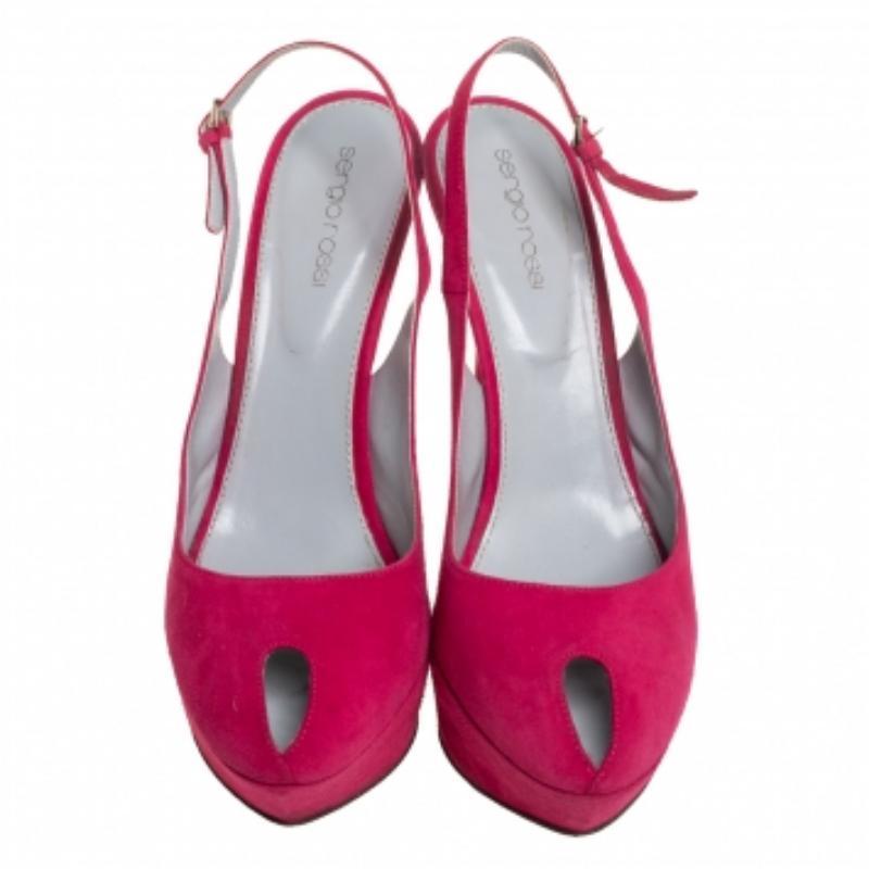Women's Sergio Rossi Pink Suede Cachet Peep Toe Platform Slingback Sandals Size 39 For Sale