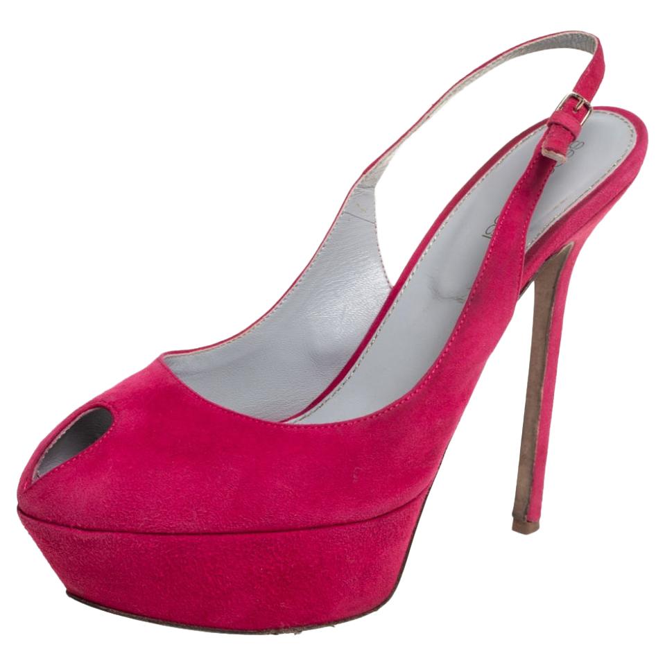 Sergio Rossi Pink Suede Cachet Peep Toe Platform Slingback Sandals Size 39 For Sale