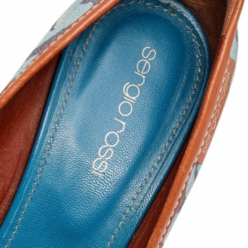 Sergio Rossi - Tela stampata e pelle - Piattaforma espadrillas con zeppa, misura 37,5 in vendita 1