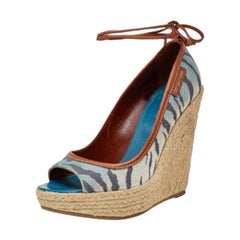 Sergio Rossi Printed Canvas 
Leather Espadrille Platform Wedge Pumps Size 37.5
