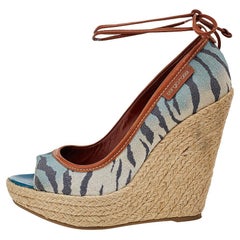 Sergio Rossi Printed Canvas 
Leather Espadrille Platform Wedge Pumps Size 37.5