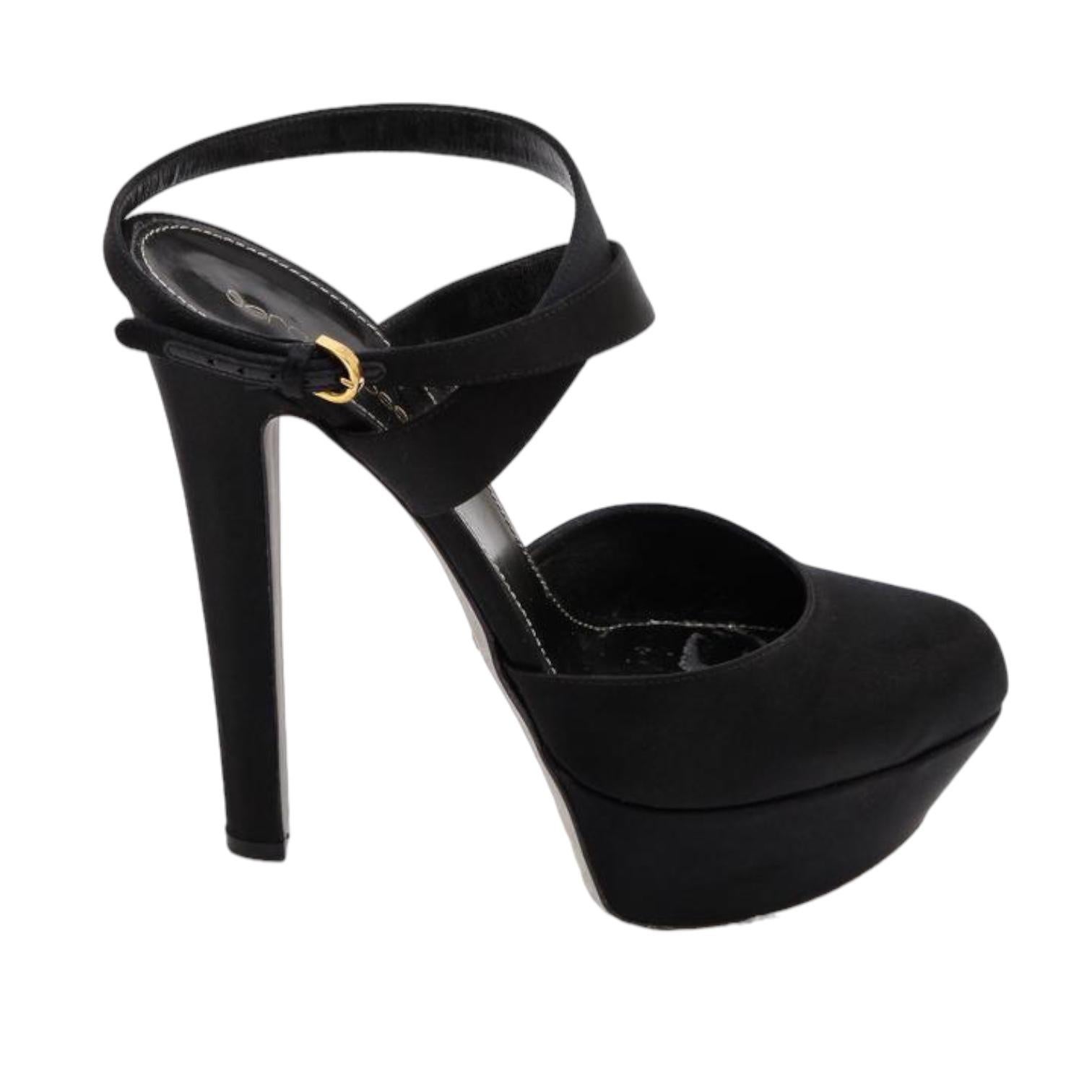 SERGIO ROSSI Escarpins Plateforme Noir Satin Pompe Cuir Milady 105mm Chaussures Cheville 38 Bon état - En vente à Hollywood, FL