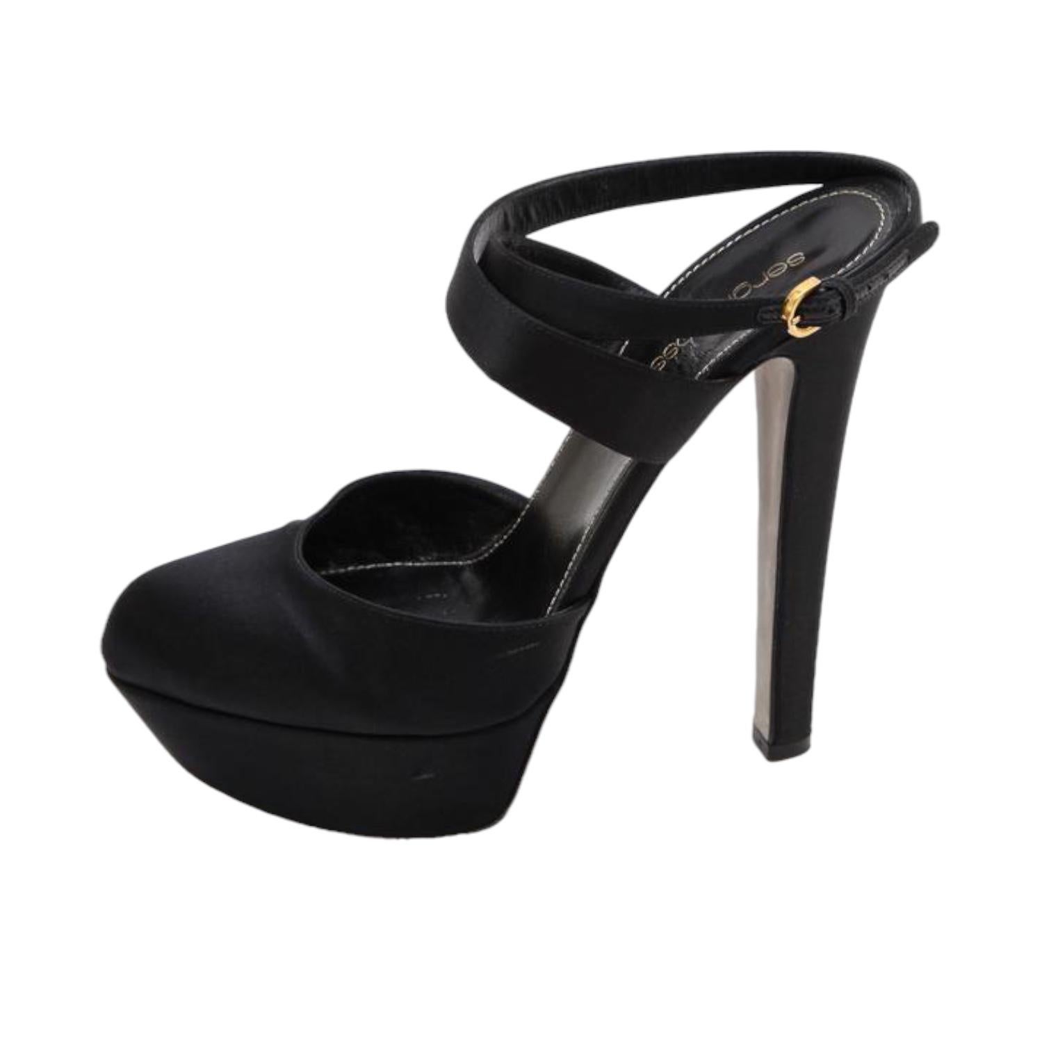 SERGIO ROSSI Escarpins Plateforme Noir Satin Pompe Cuir Milady 105mm Chaussures Cheville 38 en vente 1