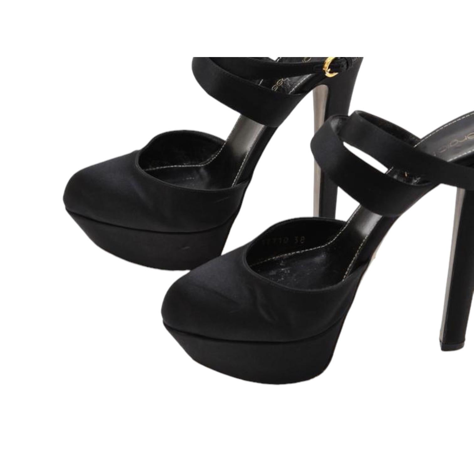 SERGIO ROSSI Escarpins Plateforme Noir Satin Pompe Cuir Milady 105mm Chaussures Cheville 38 en vente 4