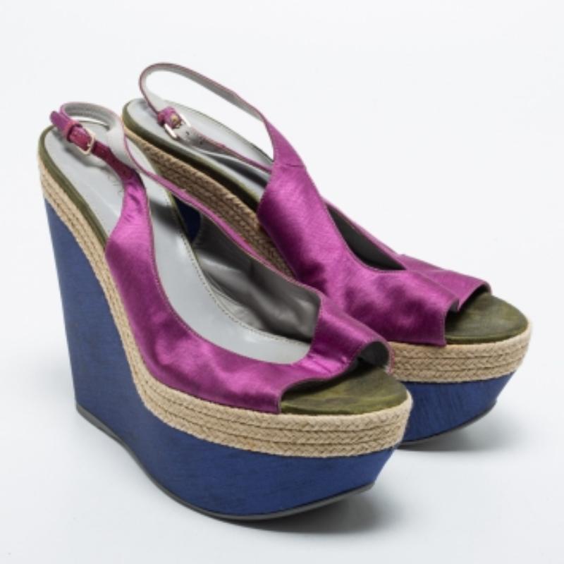 Sergio Rossi Lila Stoff Open Toe Keil Plateau Slingback Sandalen Größe 41 (Schwarz) im Angebot