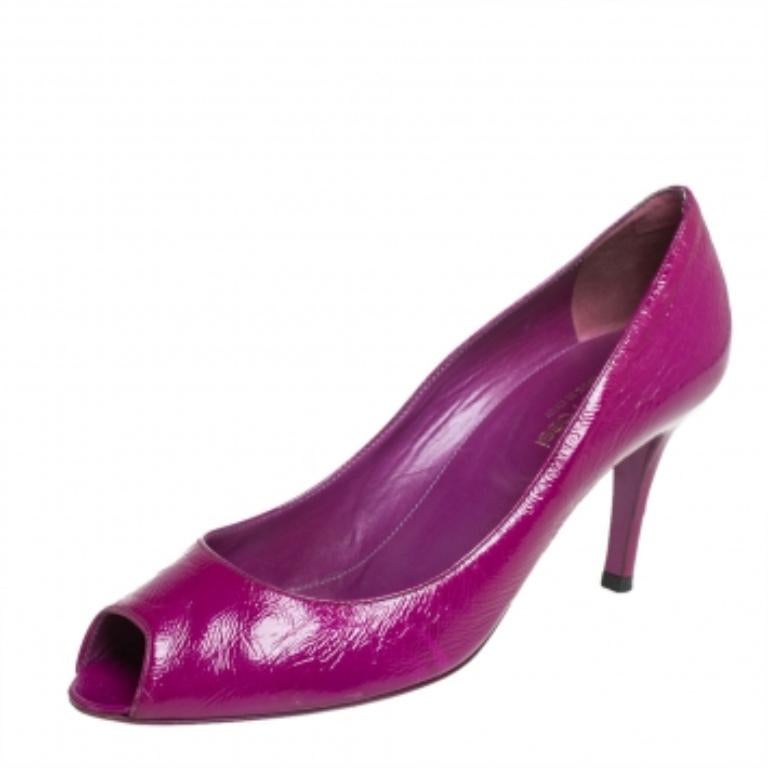 Sergio Rossi Purple Leather Peep Toe Pumps Size 38.5 In Good Condition For Sale In Dubai, Al Qouz 2