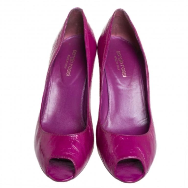 Sergio Rossi Purple Leather Peep Toe Pumps Size 38.5 For Sale 1