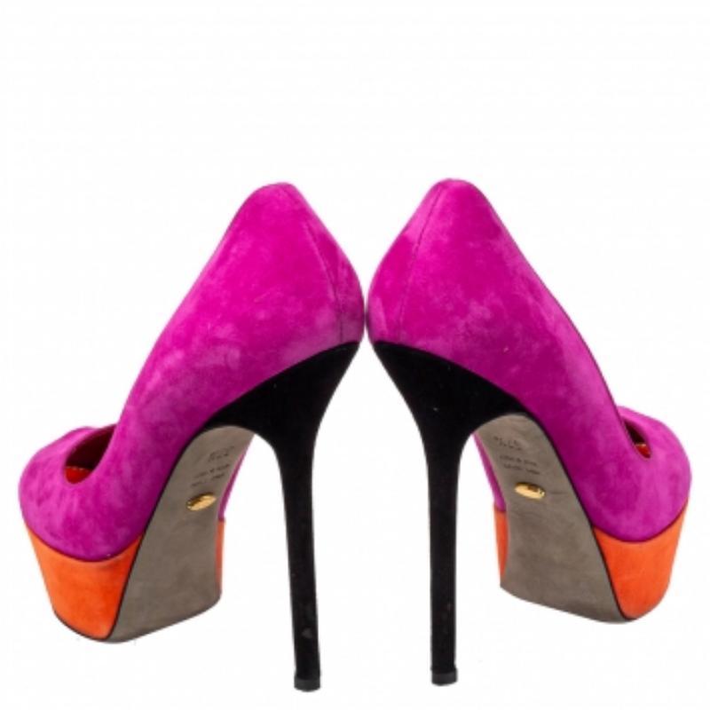 Sergio Rossi Purple/Orange Suede Peep Toe Pumps Size 37.5 In Good Condition For Sale In Dubai, Al Qouz 2